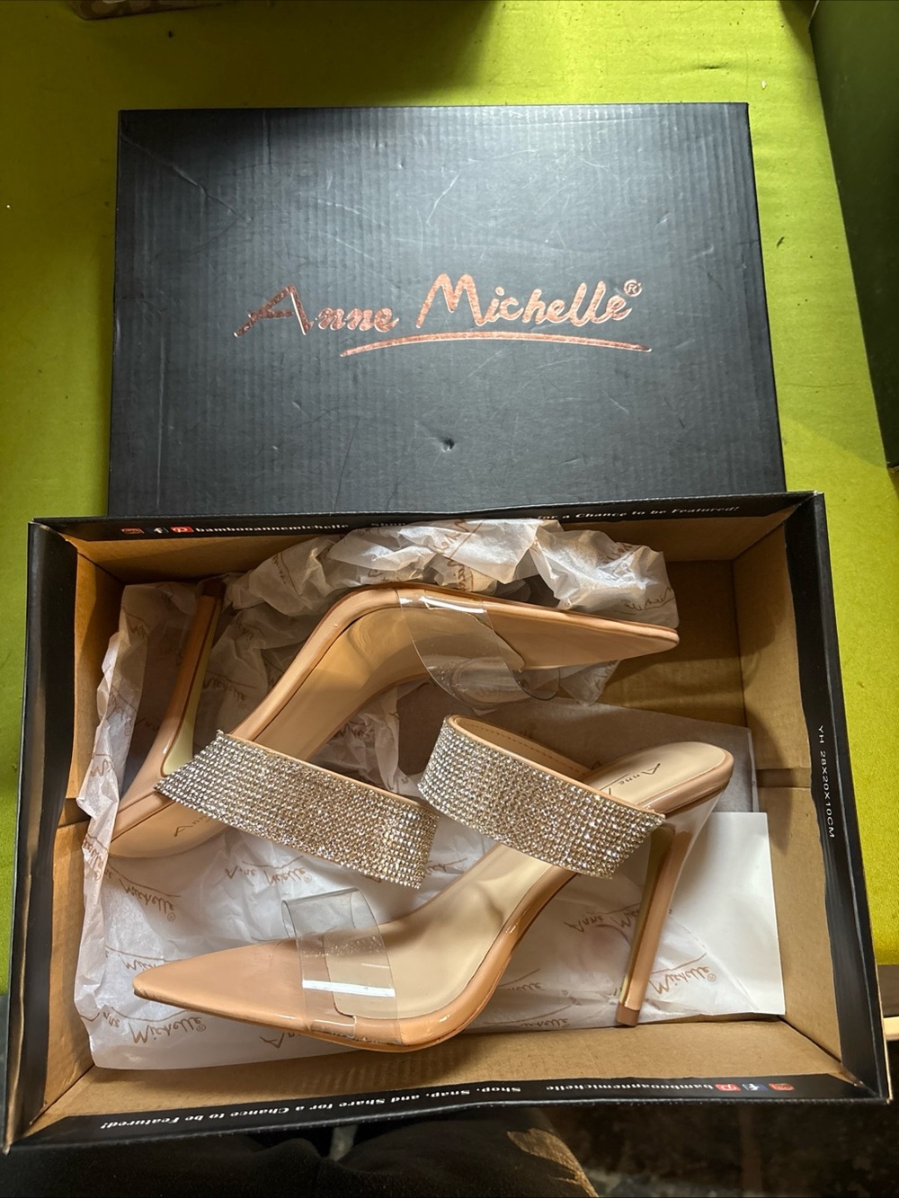 Anne Michelle Nude Crystal Strap Stiletto Mules